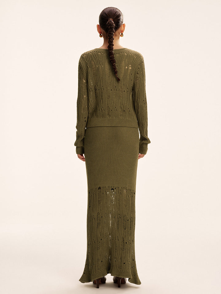 Metal Button Openwork Knit Skirt Set