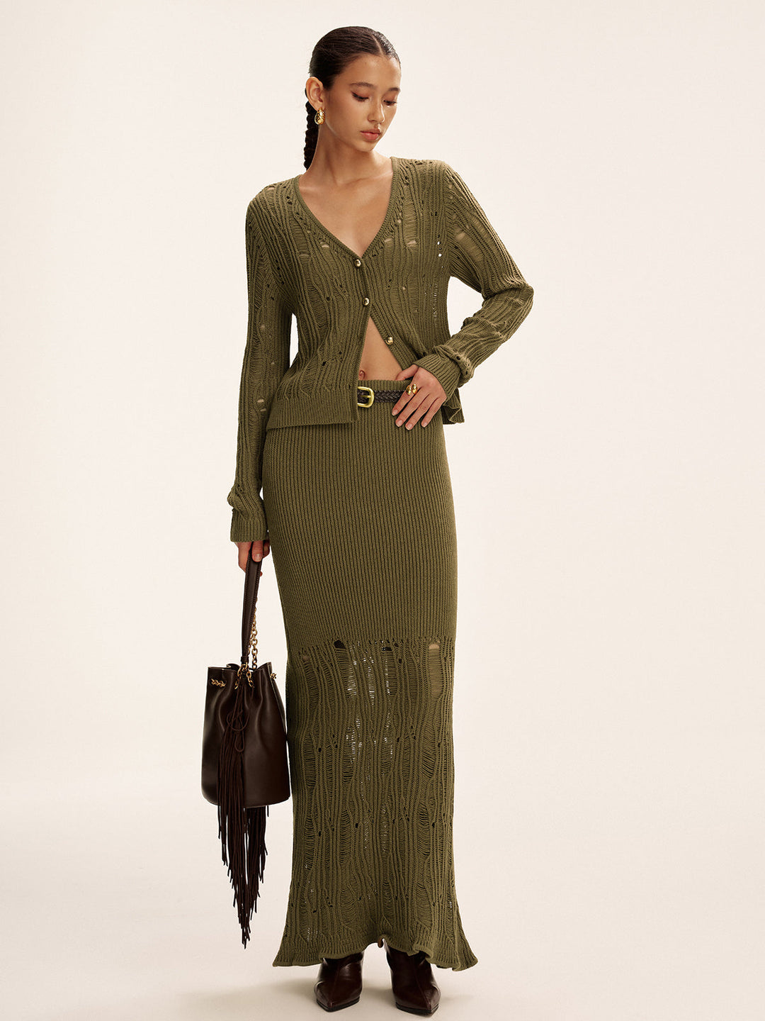 Metal Button Openwork Knit Skirt Set