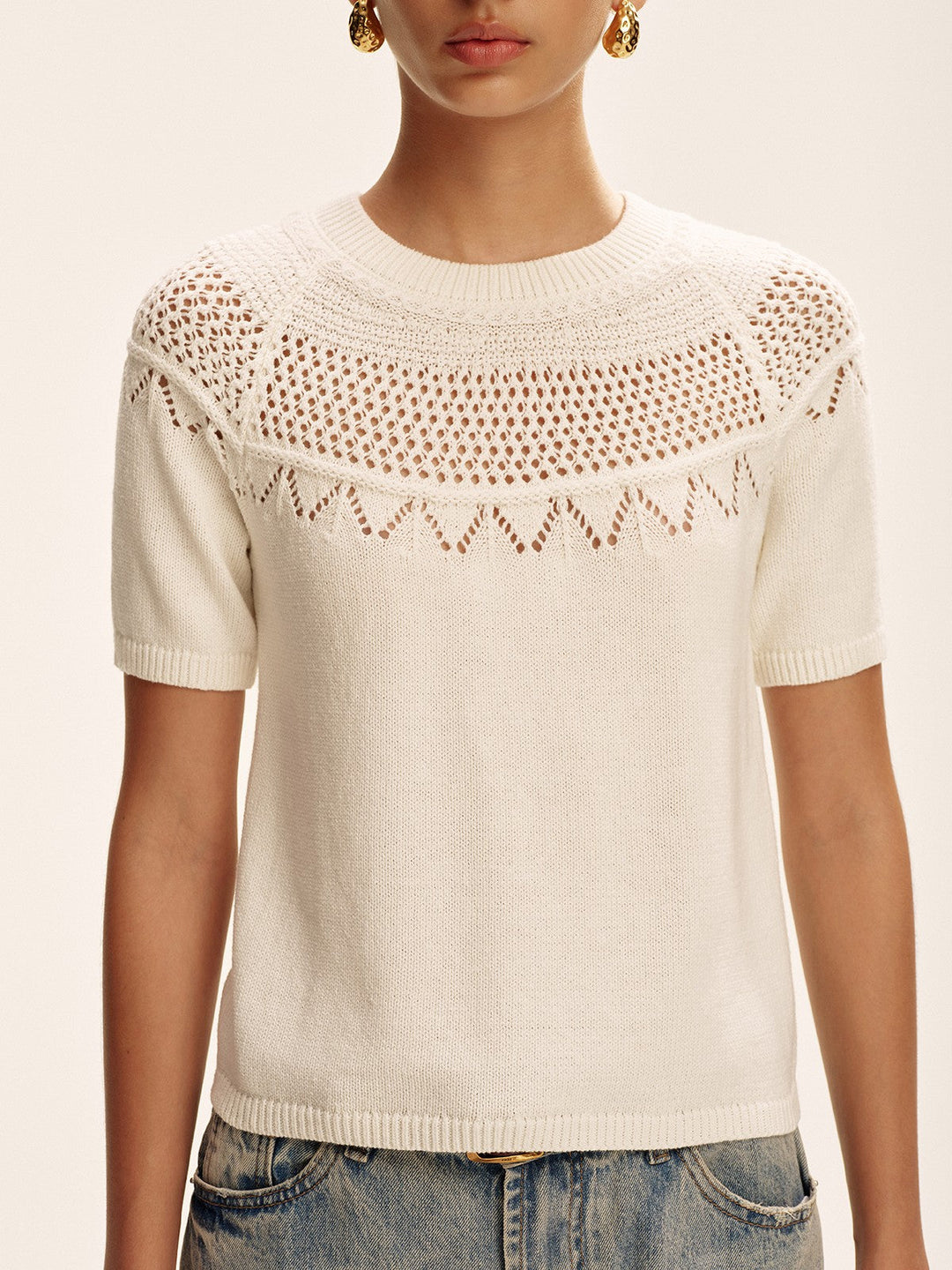 Short-Sleeve Eyelet Knit Sweater