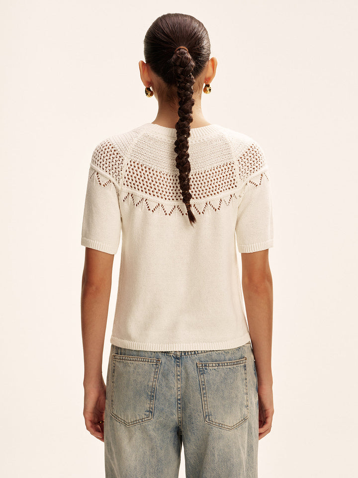 Short-Sleeve Eyelet Knit Sweater