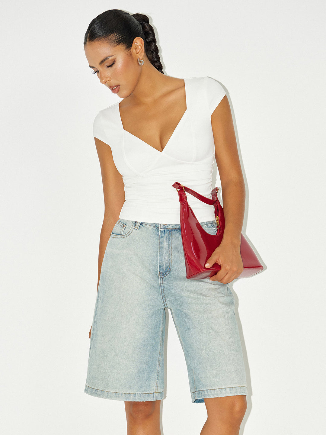 Ruched V-Neck Cap Sleeve T-Shirt