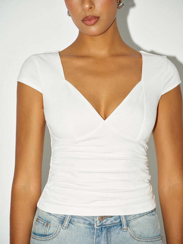 Ruched V-Neck Cap Sleeve T-Shirt