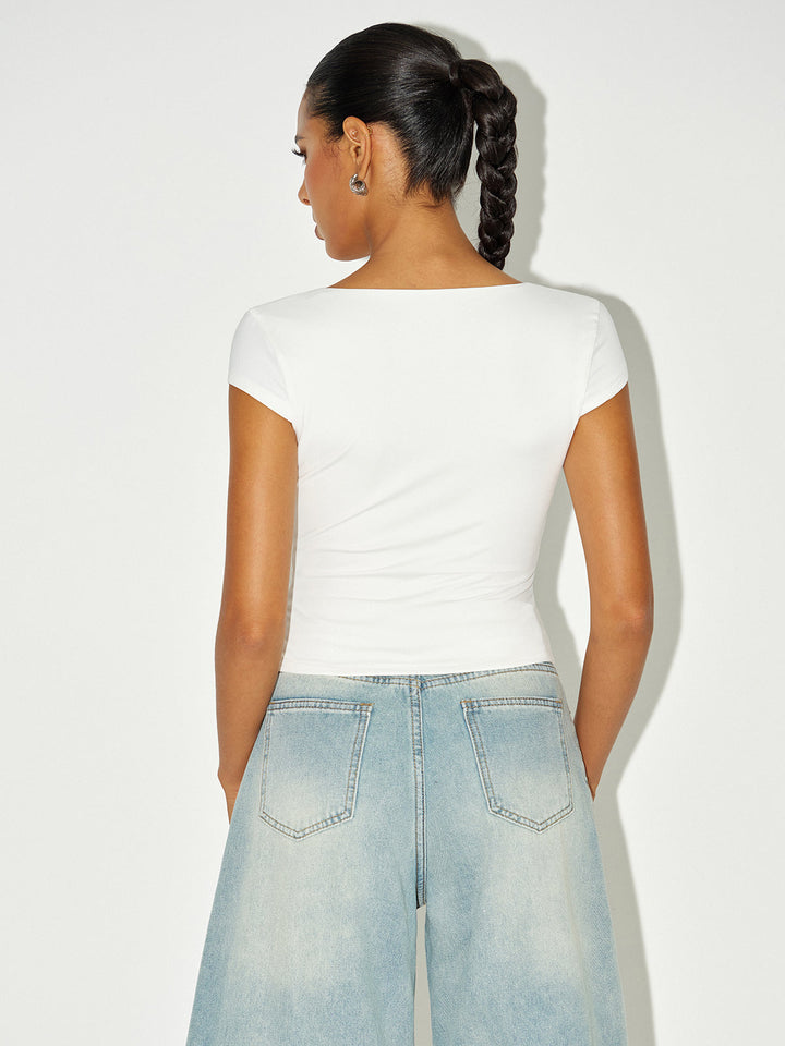 Ruched V-Neck Cap Sleeve T-Shirt