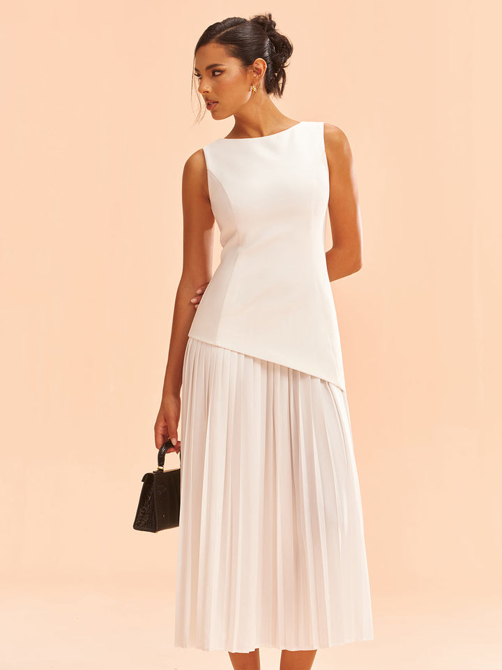 Sleeveless Asymmetric Pleated Midi Dress