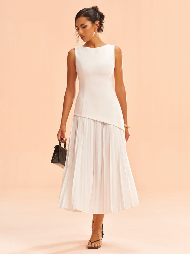 Sleeveless Asymmetric Pleated Midi Dress
