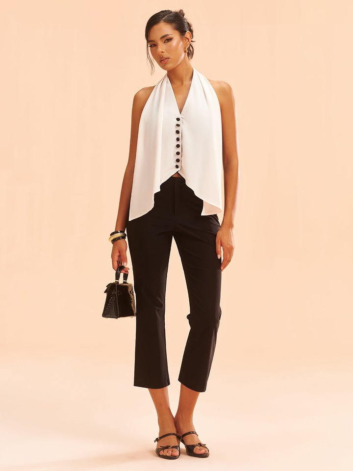 Color-Block Halter Neck Backless Button Top