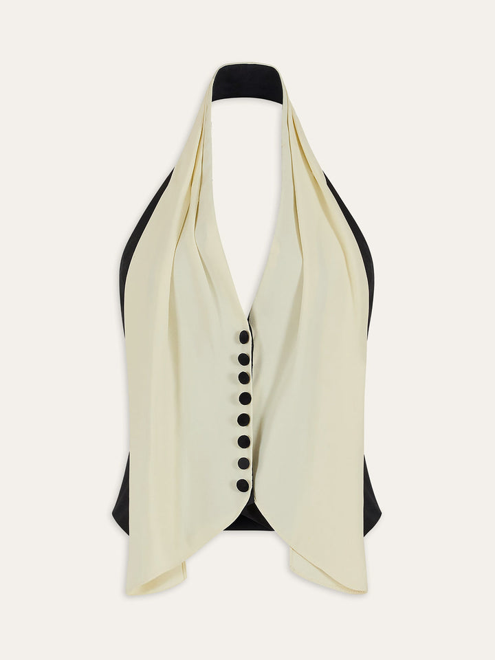 Color-Block Halter Neck Backless Button Top