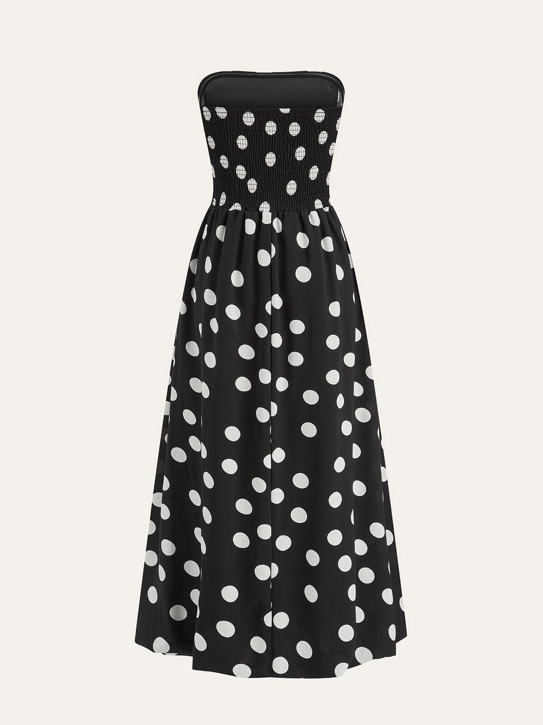 Strapless Polka Dot Ruched Maxi Dress