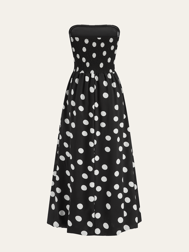 Strapless Polka Dot Ruched Maxi Dress
