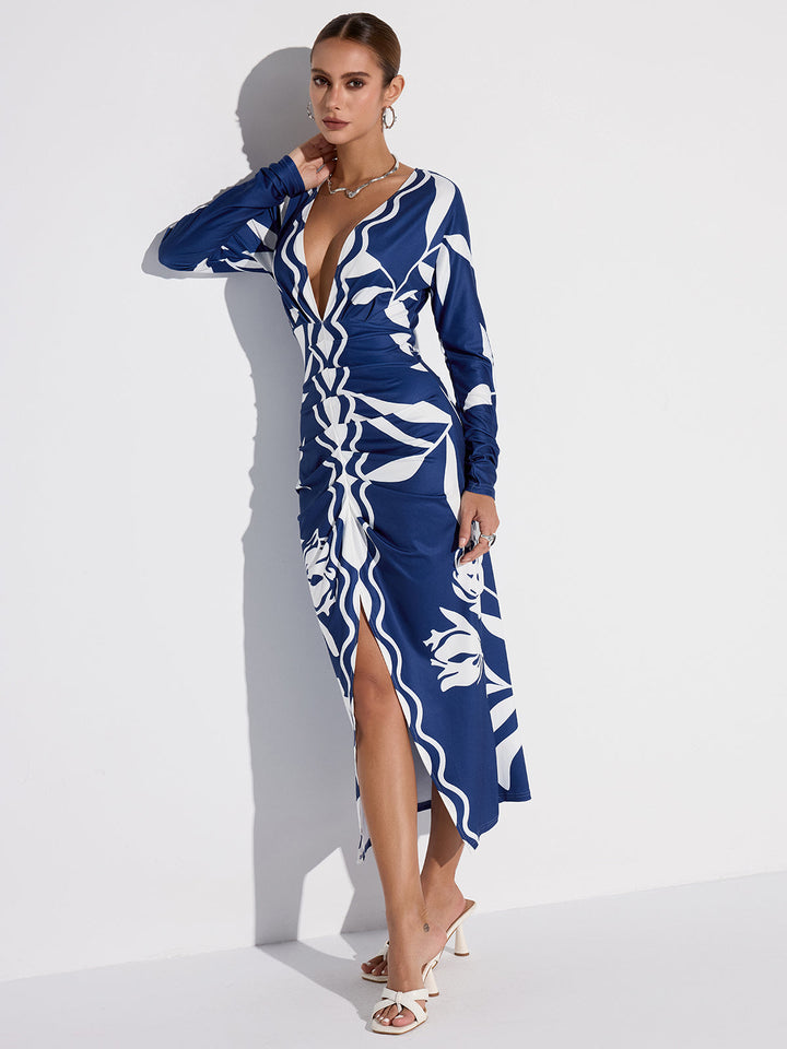 Printed Plunge Neck Slit Midi Dress