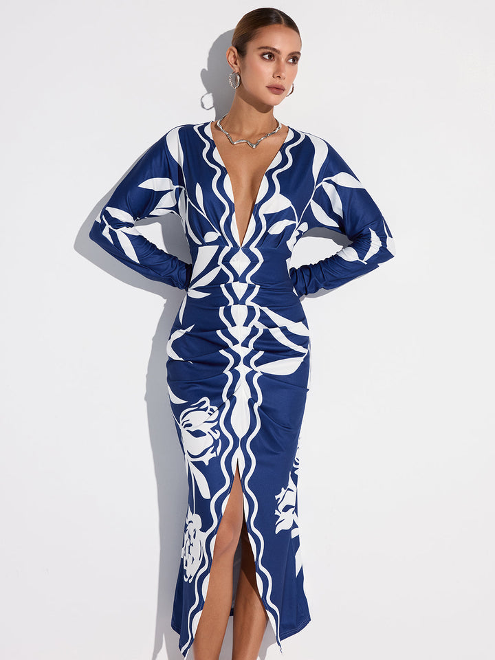 Printed Plunge Neck Slit Midi Dress