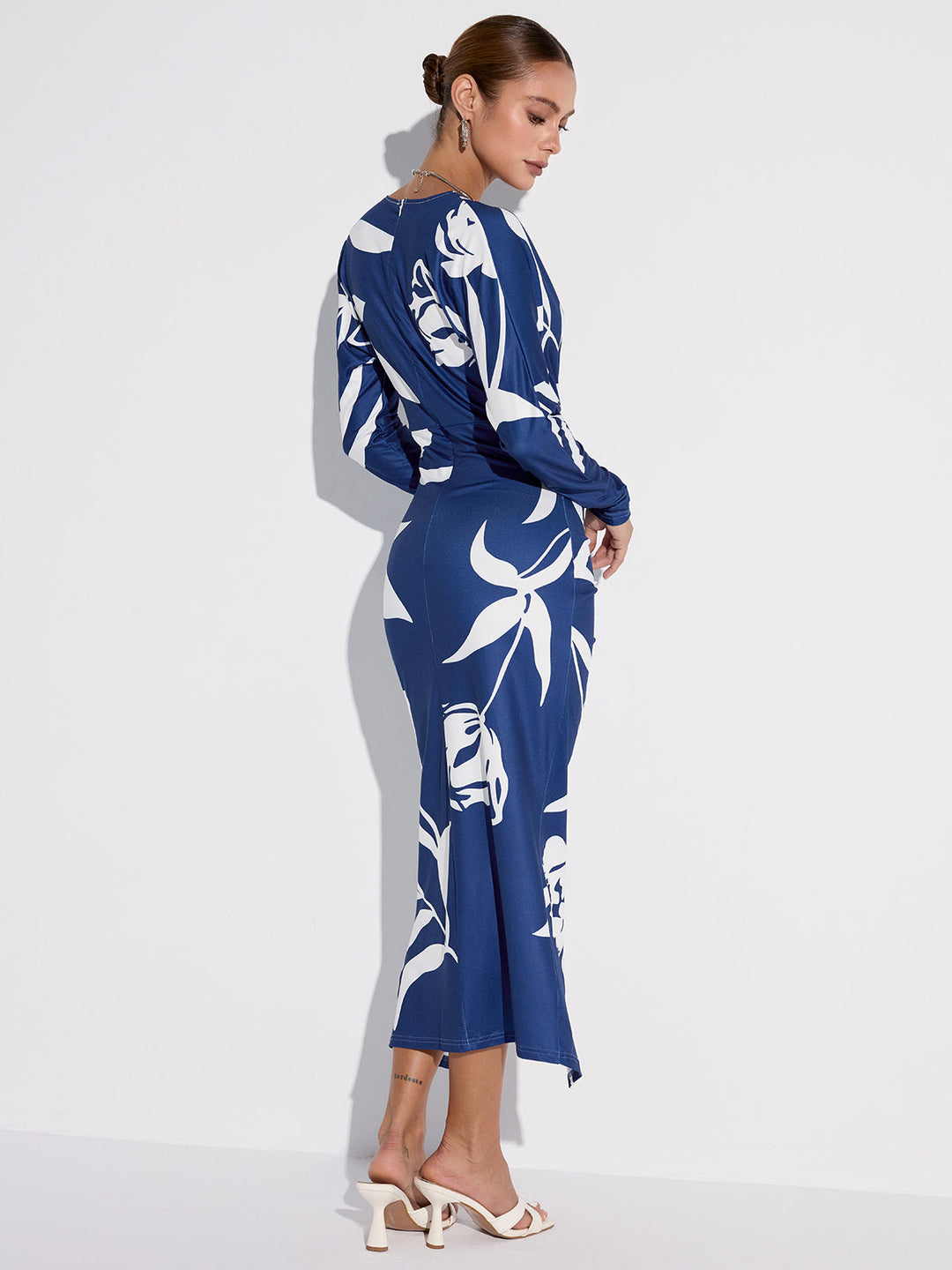Printed Plunge Neck Slit Midi Dress