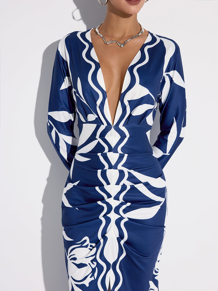 Printed Plunge Neck Slit Midi Dress