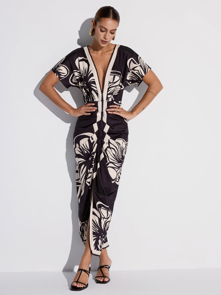 Floral Printed Ruched Deep V-Neck Midi Dress