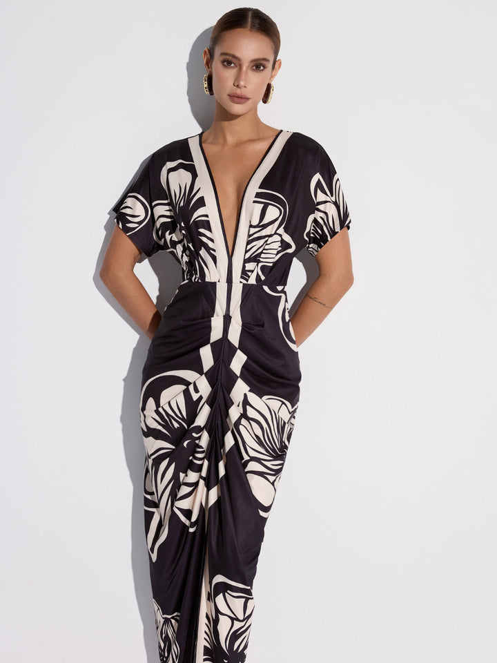 Floral Printed Ruched Deep V-Neck Midi Dress