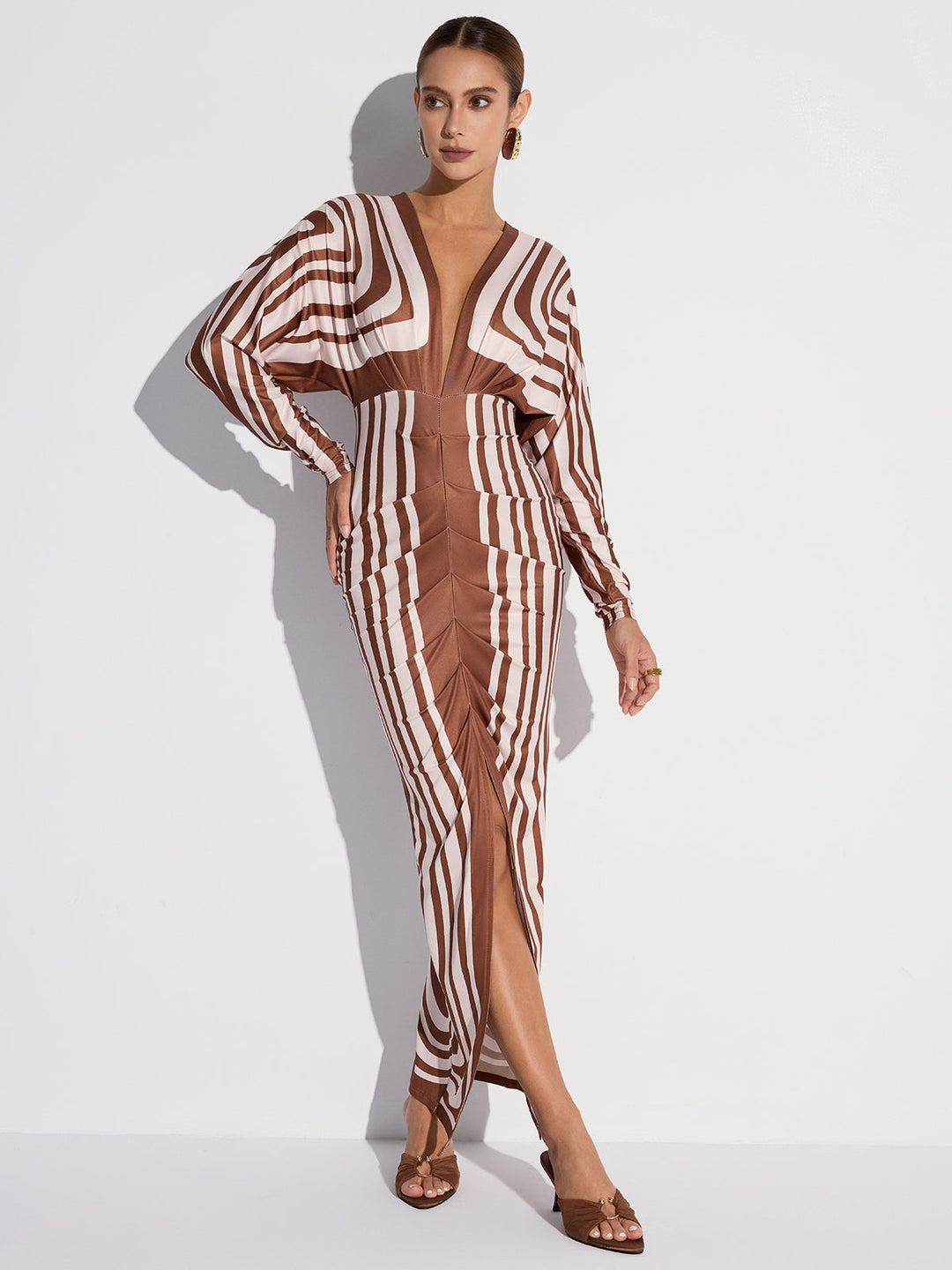Striped Plunge Neck Slit Midi Dress without Belt