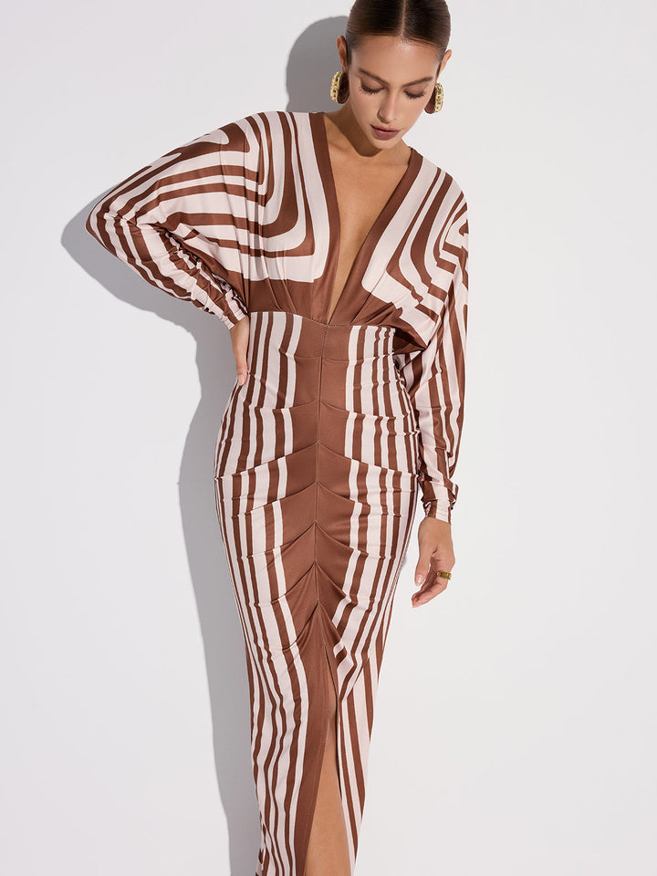 Striped Plunge Neck Slit Midi Dress without Belt