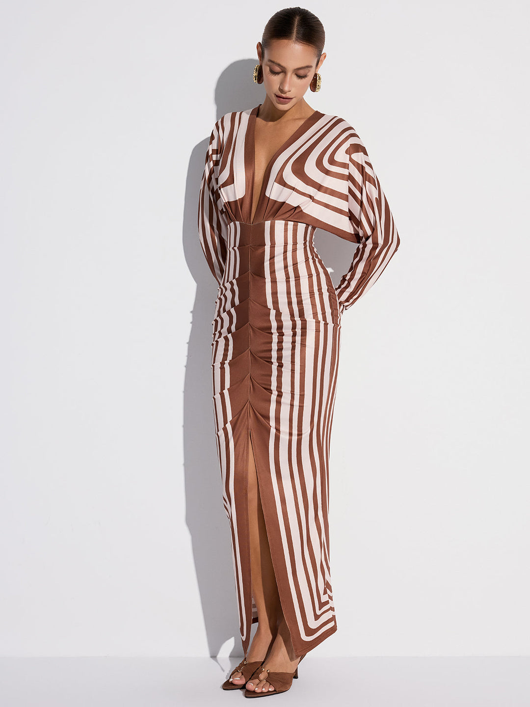 Striped Plunge Neck Slit Midi Dress without Belt