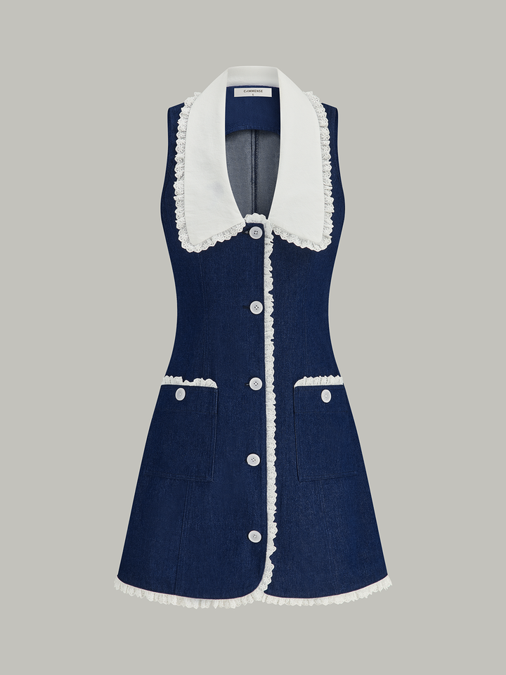 Denim Lace Trim Lapel Mini Dress