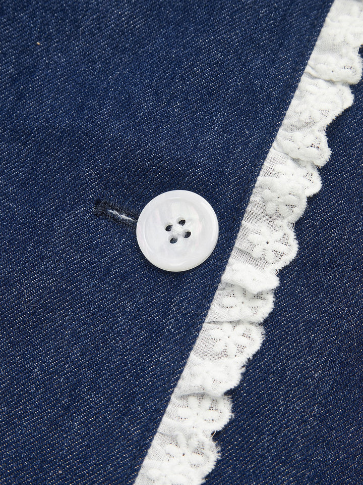 Denim Lace Trim Lapel Mini Dress