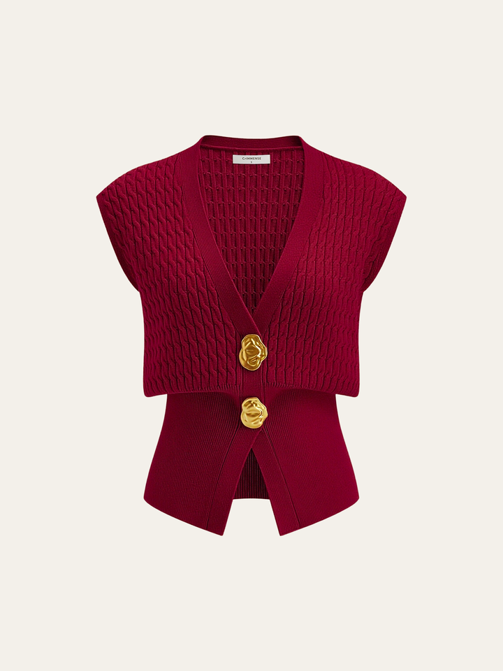 Metal Button Cable Knit Waist-Cinching Vest