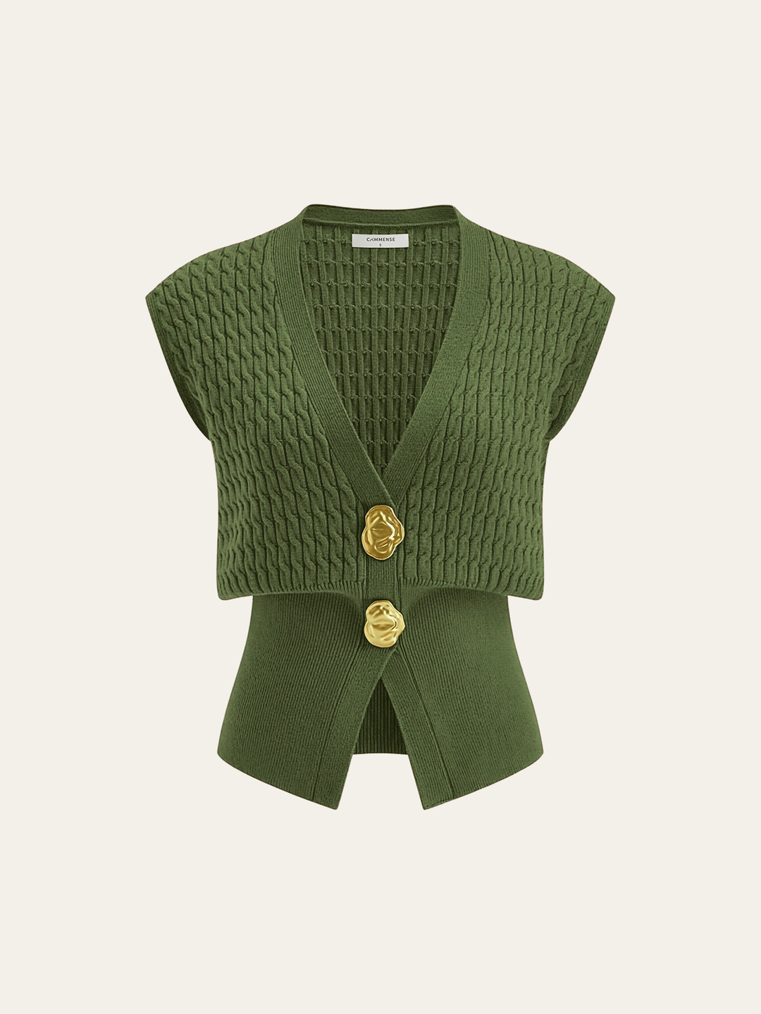 Metal Button Cable Knit Waist-Cinching Vest