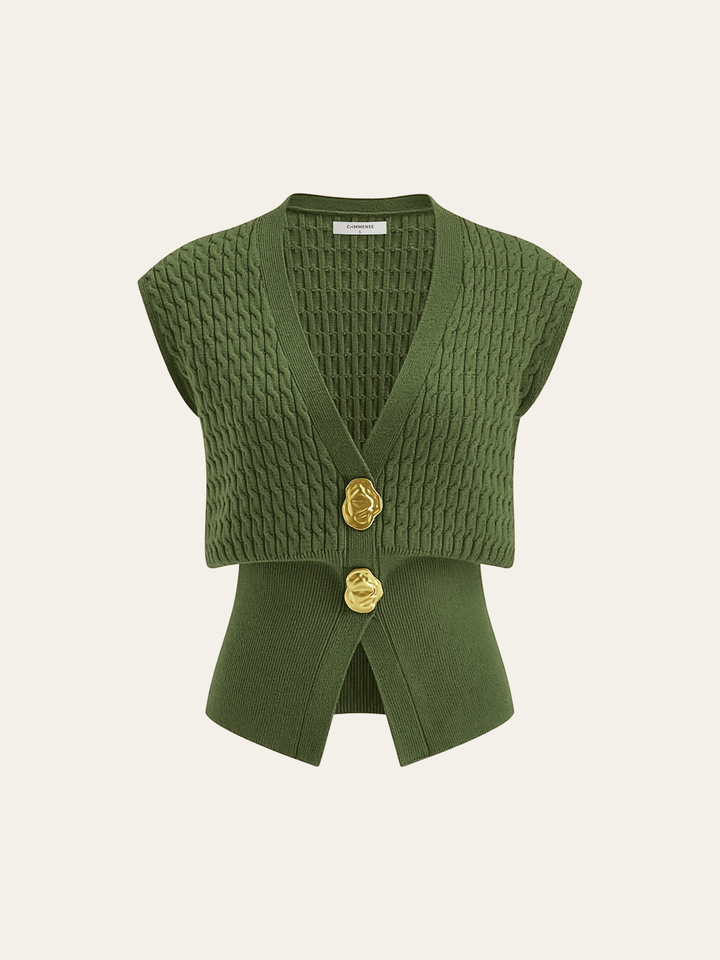 Metal Button Cable Knit Waist-Cinching Vest