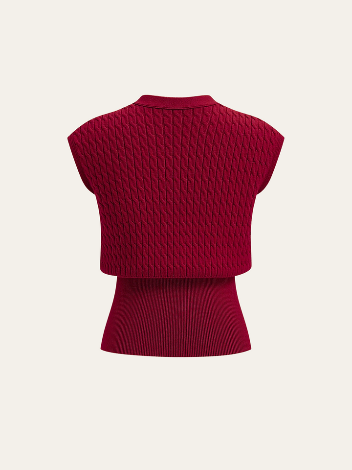 Metal Button Cable Knit Waist-Cinching Vest