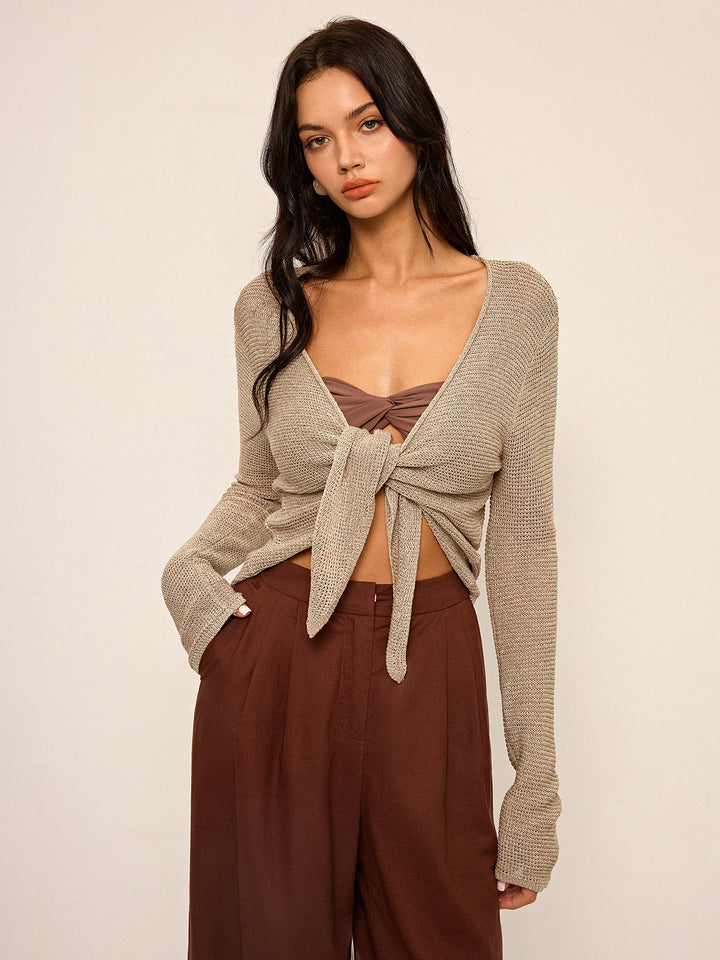 Knotted Front Long Sleeve Knit Top
