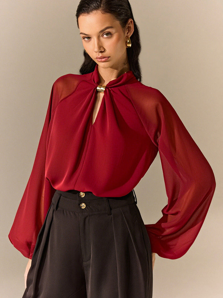 Semi-Sheer Chiffon Blouse with Neckline Metal Detail