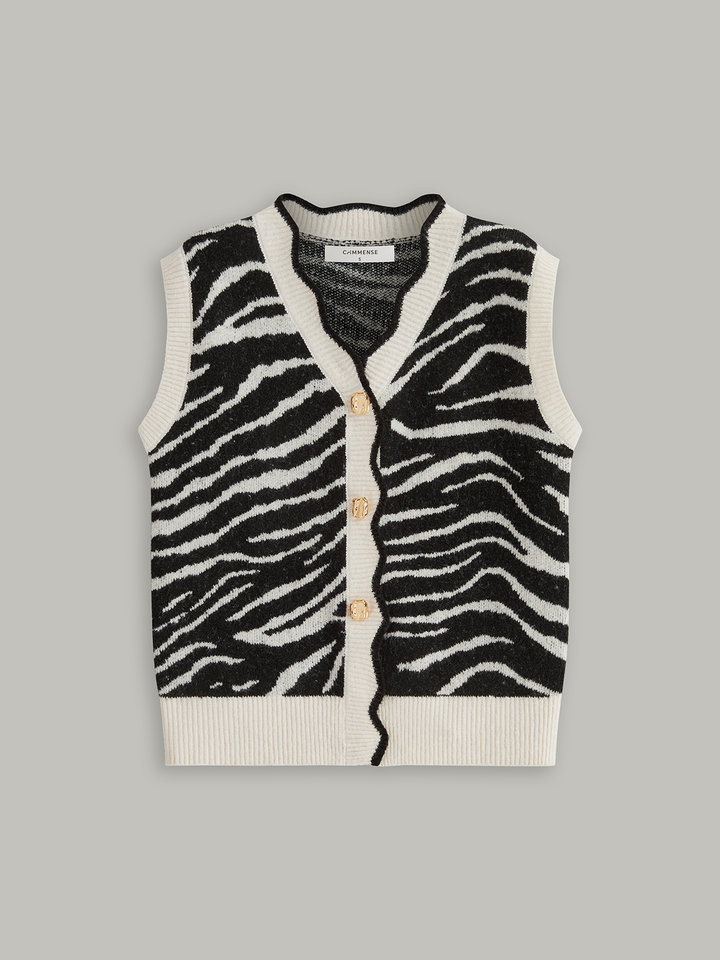 Metal Button Zebra-Striped Knit Vest