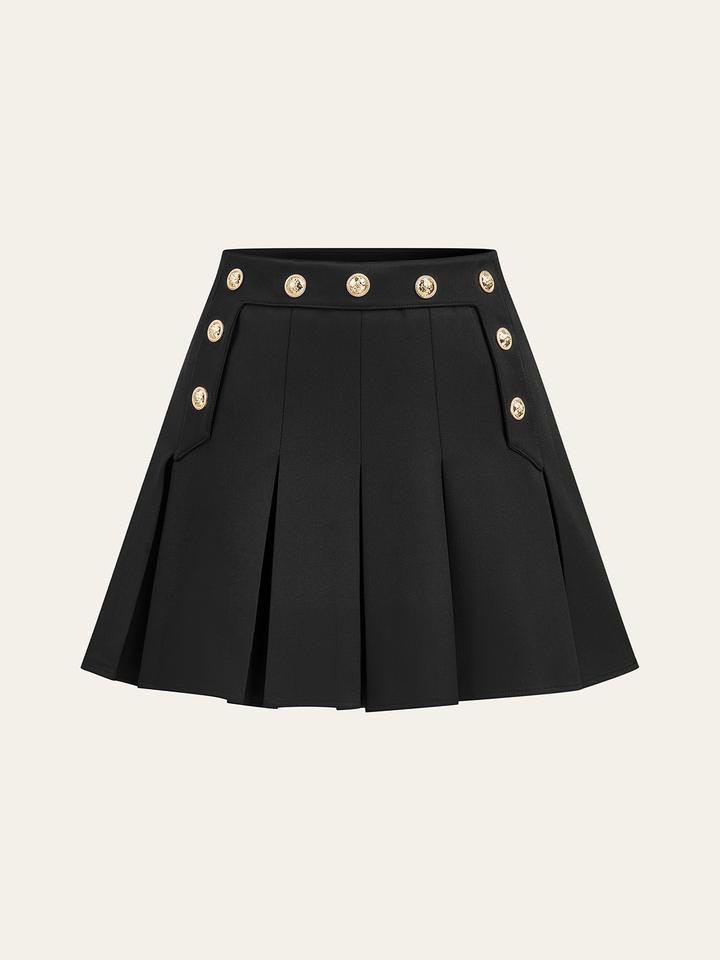 Pleated Mini Skirt with Decor Button