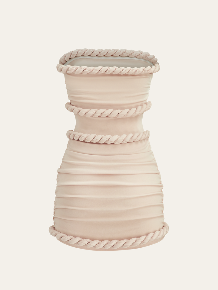 Braided Rope Trim Ruched Strapless Dress