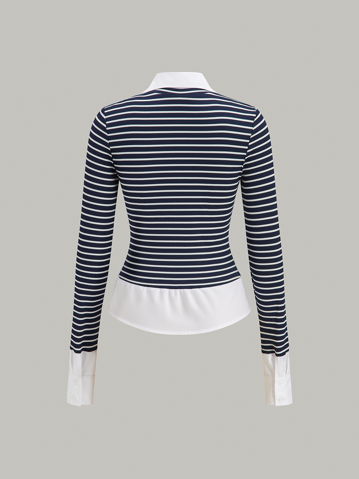 2 in 1 Striped Ribbed Paneled Long-Sleeve Blouse