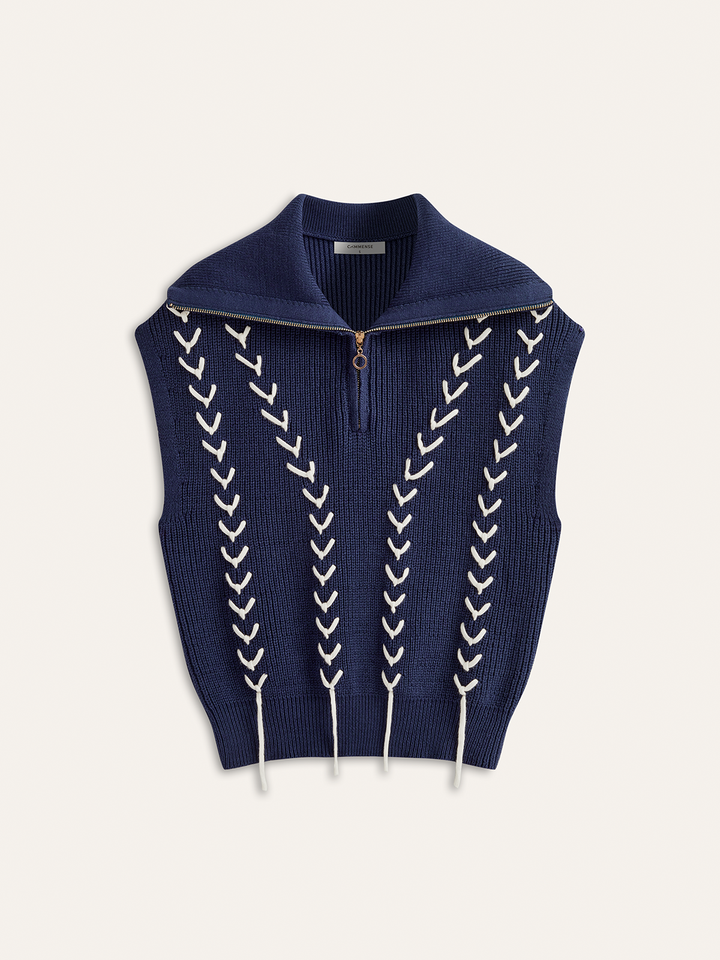 Zip Collared Knit Vest with Stitch Detailing