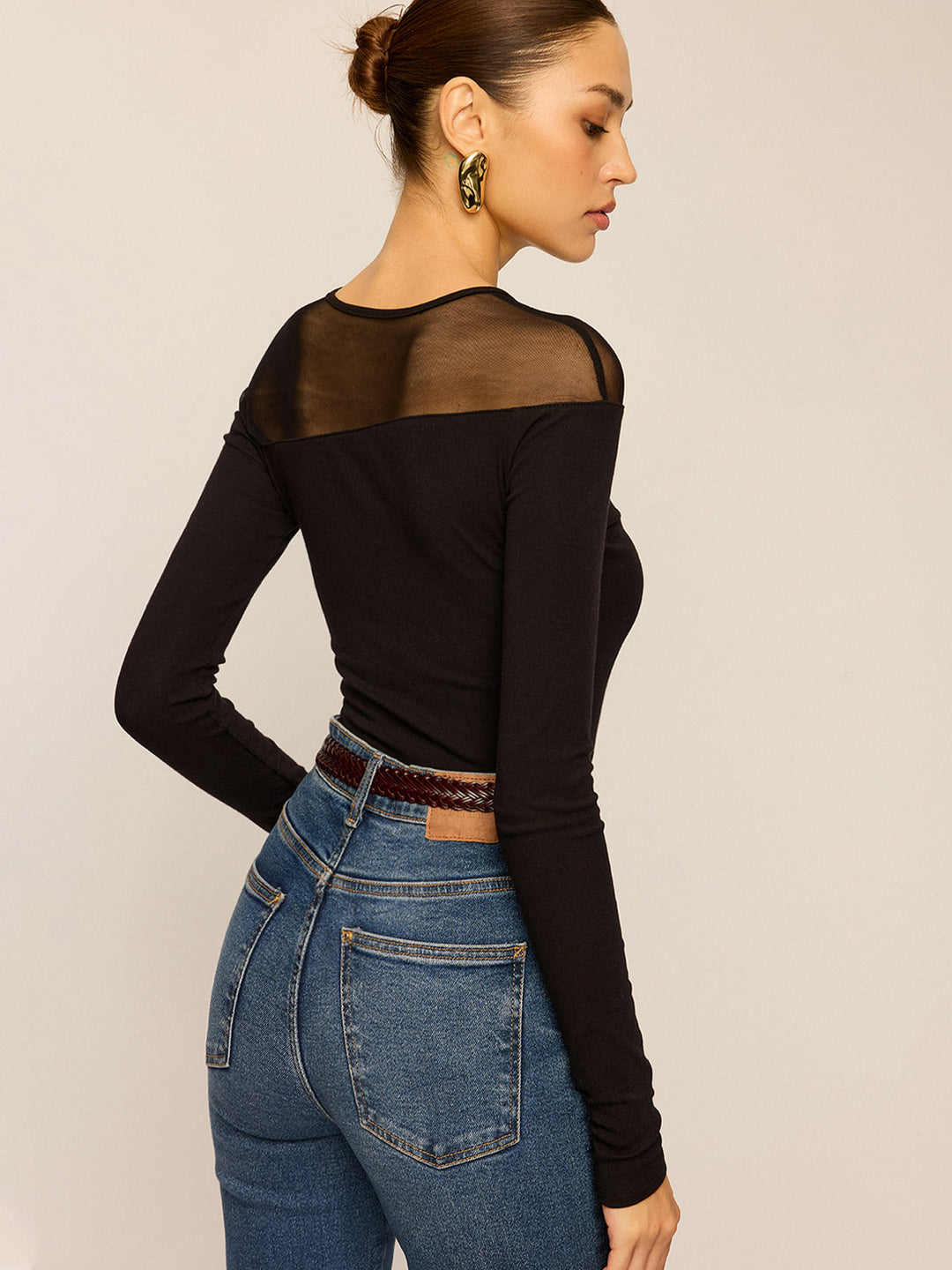 Sheer-Paneled Long-Sleeve Top