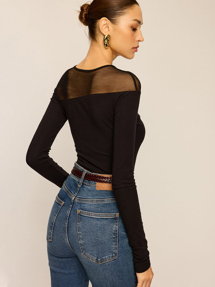 Sheer-Paneled Long-Sleeve Top