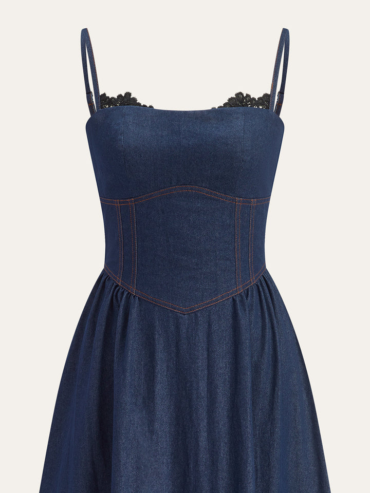 Lace Trim Denim Cami Maxi Dress