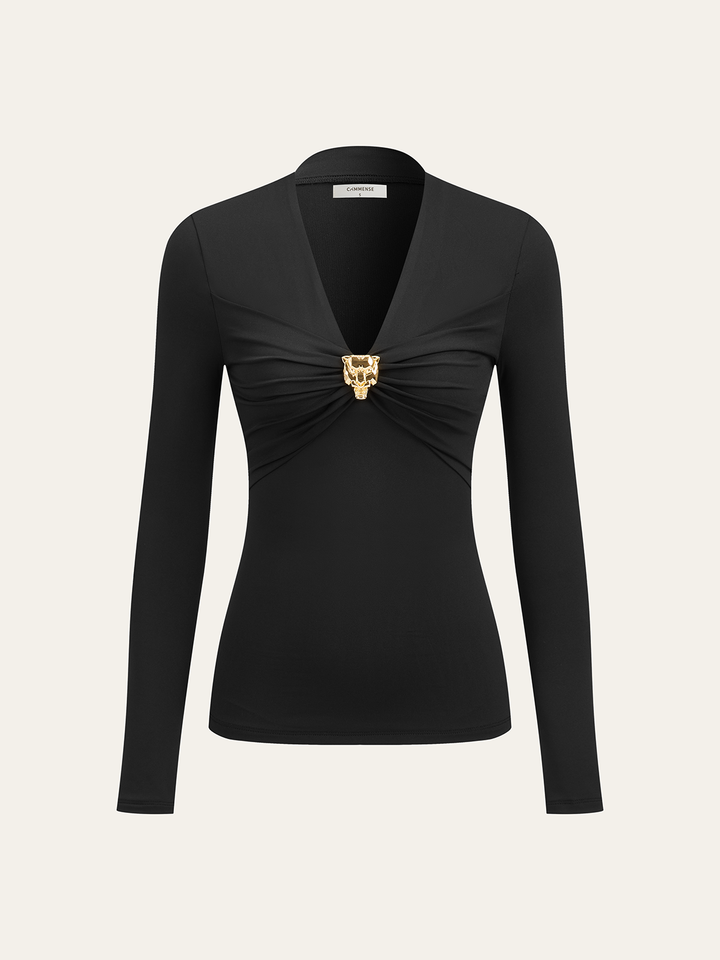 Metal Detail V-Neck Long Sleeve Blouse