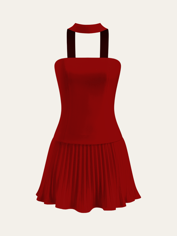 Halter Neck Strapless Pleated Mini Dress