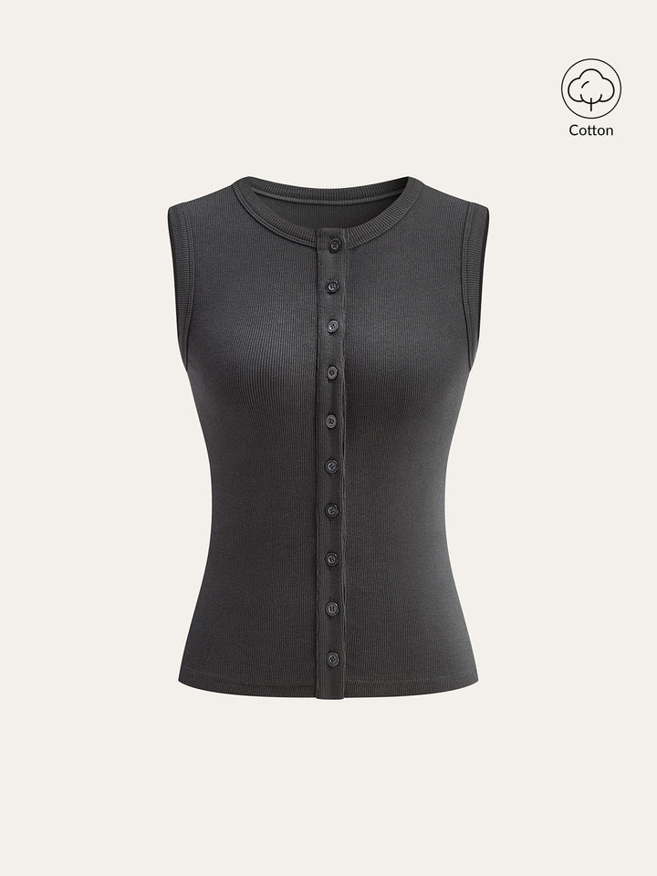 Cotton-Blend Ribbed Button Tank Top
