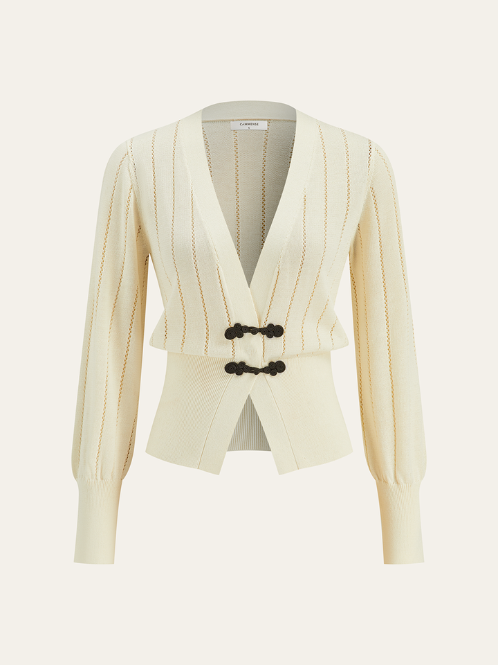 Eyelet-Striped Waist-Cinched Knit Cardigan