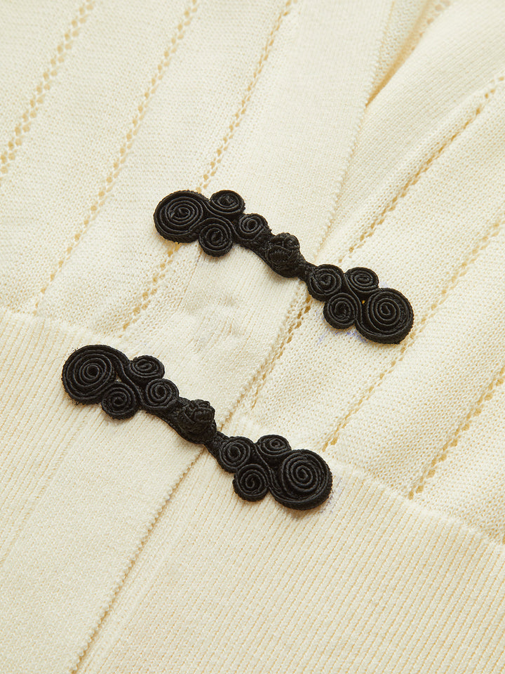 Eyelet-Striped Waist-Cinched Knit Cardigan