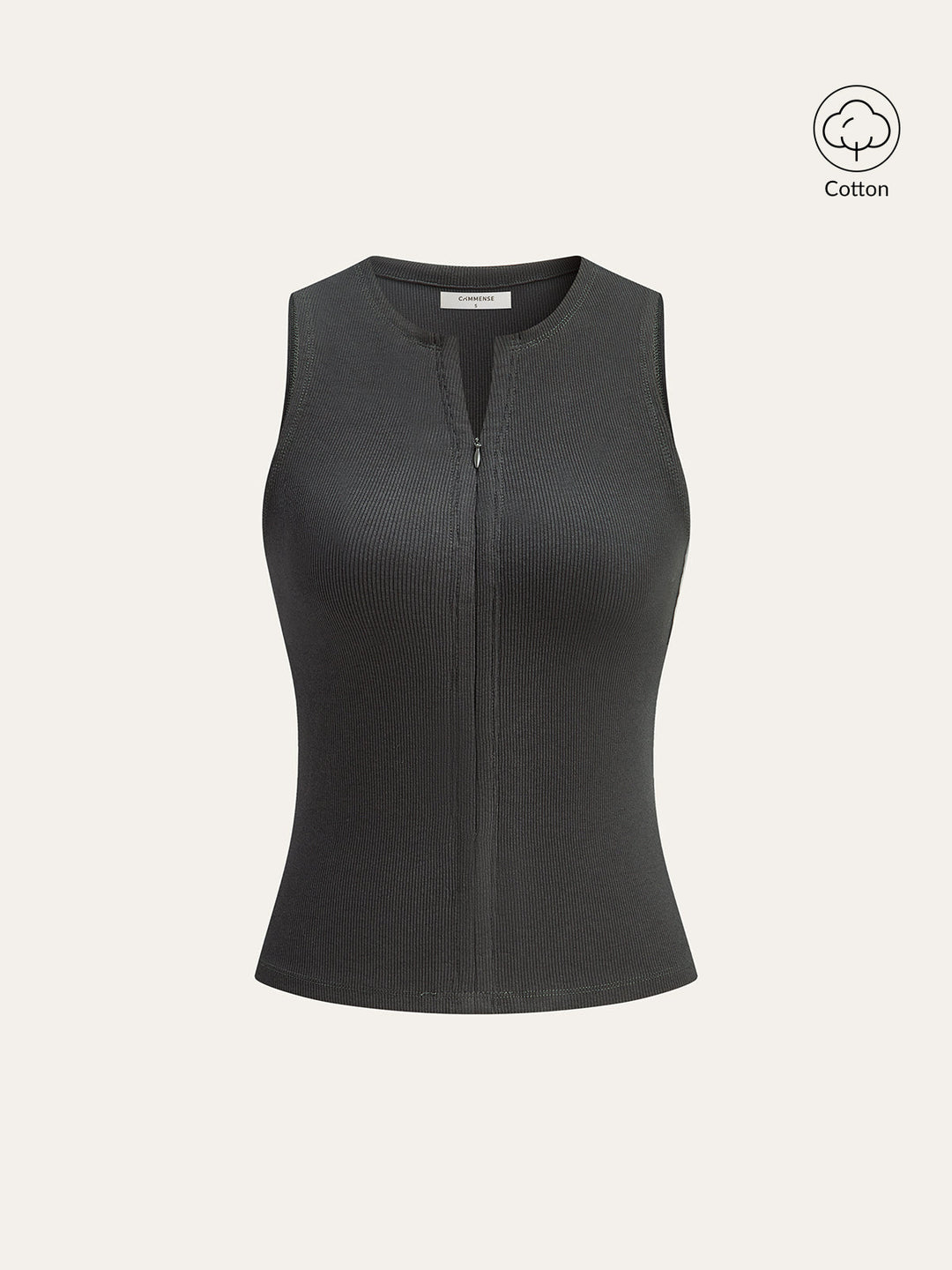 Cotton Blend Ribbed Zip-Front Sleeveless Top