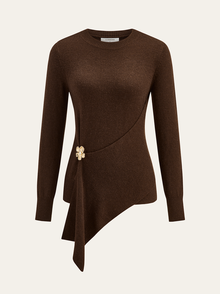 Metal Floral Wool Blend Asymmetric Sweater