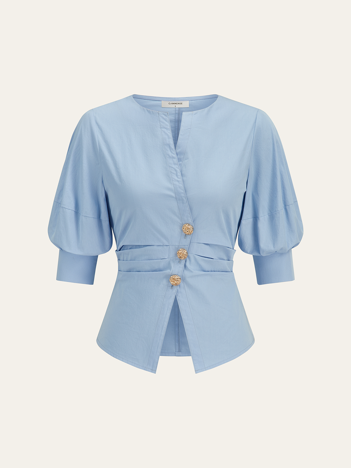 Asymmetric Metal Button Puff-Sleeve Shirt