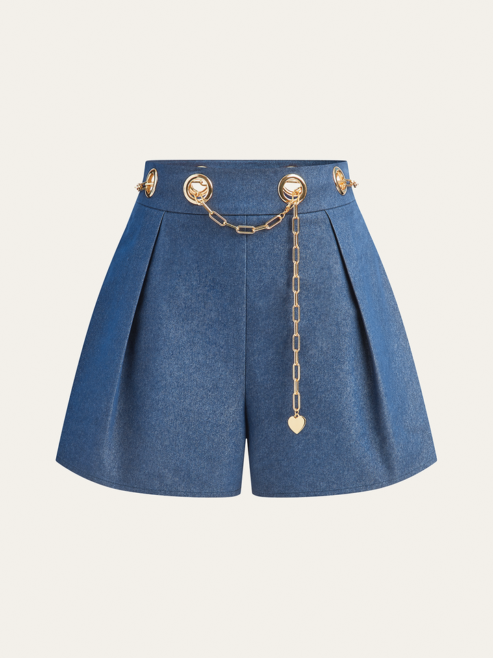 Faux Denim Shorts with Metal Chain Belt