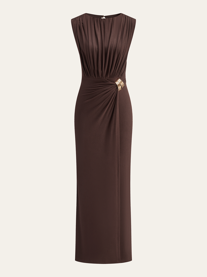 Metal Buckle Sleeveless Ruched Maxi Dress