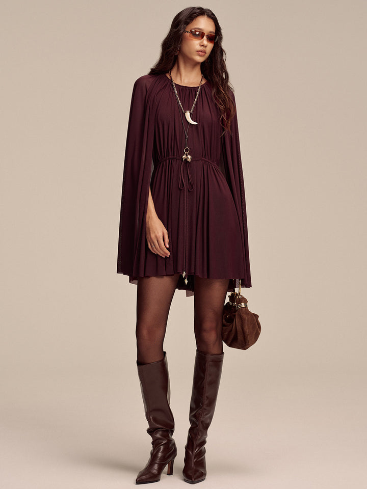 Mesh Cape Sleeve Tie-Waist Mini Dress
