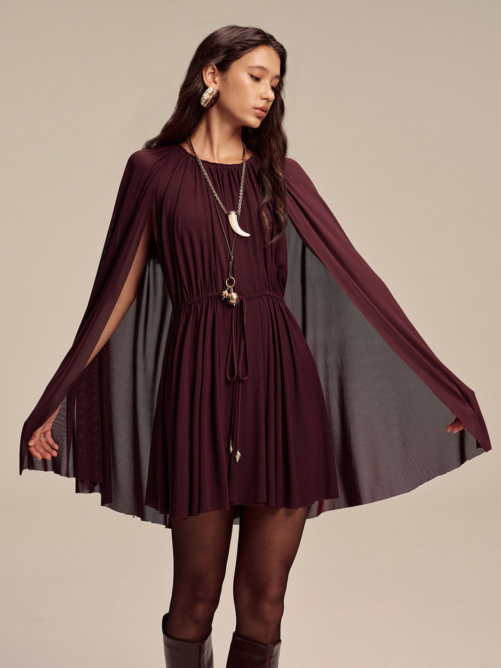 Mesh Cape Sleeve Tie-Waist Mini Dress